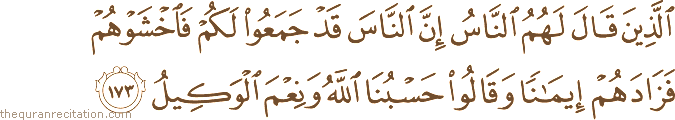 الَّذِينَ قَالَ لَهُمُ النَّاسُ إِنَّ النَّاسَ قَدْ جَمَعُوا لَكُمْ فَاخْشَوْهُمْ فَزَادَهُمْ إِيمَانًا وَقَالُوا حَسْبُنَا اللَّهُ وَنِعْمَ الْوَكِيلُ