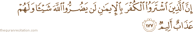 إِنَّ الَّذِينَ اشْتَرَوُا الْكُفْرَ بِالْإِيمَانِ لَنْ يَضُرُّوا اللَّهَ شَيْئًا وَلَهُمْ عَذَابٌ أَلِيمٌ