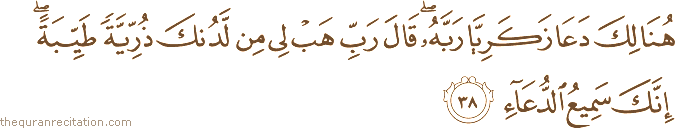 هُنَالِكَ دَعَا زَكَرِيَّا رَبَّهُ ۖ قَالَ رَبِّ هَبْ لِي مِنْ لَدُنْكَ ذُرِّيَّةً طَيِّبَةً ۖ إِنَّكَ سَمِيعُ الدُّعَاءِ