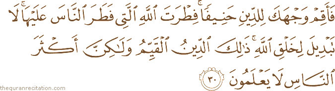 فَأَقِمْ وَجْهَكَ لِلدِّينِ حَنِيفًا ۚ فِطْرَتَ اللَّهِ الَّتِي فَطَرَ النَّاسَ عَلَيْهَا ۚ لَا تَبْدِيلَ لِخَلْقِ اللَّهِ ۚ ذَٰلِكَ الدِّينُ الْقَيِّمُ وَلَٰكِنَّ أَكْثَرَ النَّاسِ لَا يَعْلَمُونَ