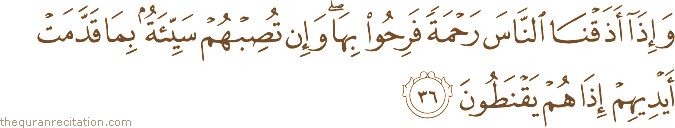 وَإِذَا أَذَقْنَا النَّاسَ رَحْمَةً فَرِحُوا بِهَا ۖ وَإِنْ تُصِبْهُمْ سَيِّئَةٌ بِمَا قَدَّمَتْ أَيْدِيهِمْ إِذَا هُمْ يَقْنَطُونَ