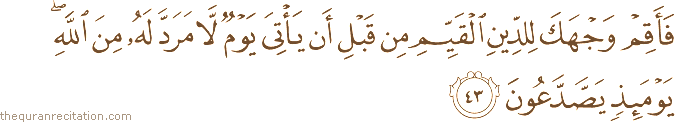 فَأَقِمْ وَجْهَكَ لِلدِّينِ الْقَيِّمِ مِنْ قَبْلِ أَنْ يَأْتِيَ يَوْمٌ لَا مَرَدَّ لَهُ مِنَ اللَّهِ ۖ يَوْمَئِذٍ يَصَّدَّعُونَ