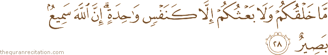 مَا خَلْقُكُمْ وَلَا بَعْثُكُمْ إِلَّا كَنَفْسٍ وَاحِدَةٍ ۗ إِنَّ اللَّهَ سَمِيعٌ بَصِيرٌ