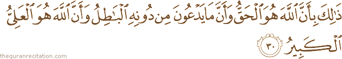 ذَٰلِكَ بِأَنَّ اللَّهَ هُوَ الْحَقُّ وَأَنَّ مَا يَدْعُونَ مِنْ دُونِهِ الْبَاطِلُ وَأَنَّ اللَّهَ هُوَ الْعَلِيُّ الْكَبِيرُ