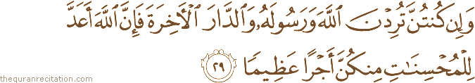 وَإِنْ كُنْتُنَّ تُرِدْنَ اللَّهَ وَرَسُولَهُ وَالدَّارَ الْآخِرَةَ فَإِنَّ اللَّهَ أَعَدَّ لِلْمُحْسِنَاتِ مِنْكُنَّ أَجْرًا عَظِيمًا