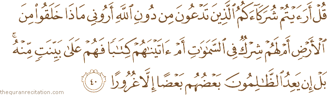 قُلْ أَرَأَيْتُمْ شُرَكَاءَكُمُ الَّذِينَ تَدْعُونَ مِنْ دُونِ اللَّهِ أَرُونِي مَاذَا خَلَقُوا مِنَ الْأَرْضِ أَمْ لَهُمْ شِرْكٌ فِي السَّمَاوَاتِ أَمْ آتَيْنَاهُمْ كِتَابًا فَهُمْ عَلَىٰ بَيِّنَتٍ مِنْهُ ۚ بَلْ إِنْ يَعِدُ الظَّالِمُونَ بَعْضُهُمْ بَعْضًا إِلَّا غُرُورًا