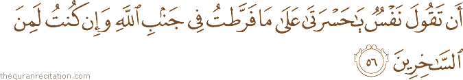 أَنْ تَقُولَ نَفْسٌ يَا حَسْرَتَا عَلَىٰ مَا فَرَّطْتُ فِي جَنْبِ اللَّهِ وَإِنْ كُنْتُ لَمِنَ السَّاخِرِينَ