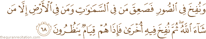 وَنُفِخَ فِي الصُّورِ فَصَعِقَ مَنْ فِي السَّمَاوَاتِ وَمَنْ فِي الْأَرْضِ إِلَّا مَنْ شَاءَ اللَّهُ ۖ ثُمَّ نُفِخَ فِيهِ أُخْرَىٰ فَإِذَا هُمْ قِيَامٌ يَنْظُرُونَ