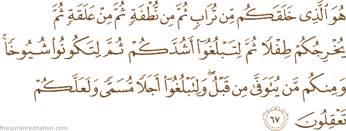 هُوَ الَّذِي خَلَقَكُمْ مِنْ تُرَابٍ ثُمَّ مِنْ نُطْفَةٍ ثُمَّ مِنْ عَلَقَةٍ ثُمَّ يُخْرِجُكُمْ طِفْلًا ثُمَّ لِتَبْلُغُوا أَشُدَّكُمْ ثُمَّ لِتَكُونُوا شُيُوخًا ۚ وَمِنْكُمْ مَنْ يُتَوَفَّىٰ مِنْ قَبْلُ ۖ وَلِتَبْلُغُوا أَجَلًا مُسَمًّى وَلَعَلَّكُمْ تَعْقِلُونَ