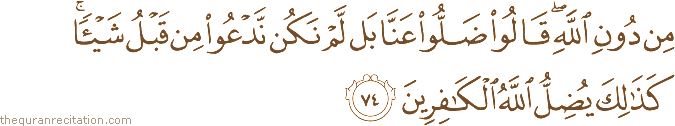 مِنْ دُونِ اللَّهِ ۖ قَالُوا ضَلُّوا عَنَّا بَلْ لَمْ نَكُنْ نَدْعُو مِنْ قَبْلُ شَيْئًا ۚ كَذَٰلِكَ يُضِلُّ اللَّهُ الْكَافِرِينَ