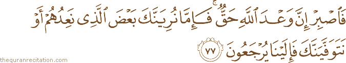 فَاصْبِرْ إِنَّ وَعْدَ اللَّهِ حَقٌّ ۚ فَإِمَّا نُرِيَنَّكَ بَعْضَ الَّذِي نَعِدُهُمْ أَوْ نَتَوَفَّيَنَّكَ فَإِلَيْنَا يُرْجَعُونَ