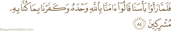 فَلَمَّا رَأَوْا بَأْسَنَا قَالُوا آمَنَّا بِاللَّهِ وَحْدَهُ وَكَفَرْنَا بِمَا كُنَّا بِهِ مُشْرِكِينَ