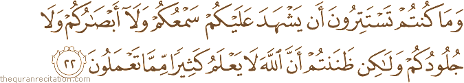 وَمَا كُنْتُمْ تَسْتَتِرُونَ أَنْ يَشْهَدَ عَلَيْكُمْ سَمْعُكُمْ وَلَا أَبْصَارُكُمْ وَلَا جُلُودُكُمْ وَلَٰكِنْ ظَنَنْتُمْ أَنَّ اللَّهَ لَا يَعْلَمُ كَثِيرًا مِمَّا تَعْمَلُونَ