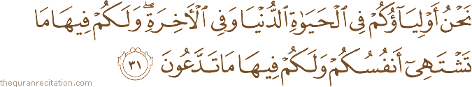 نَحْنُ أَوْلِيَاؤُكُمْ فِي الْحَيَاةِ الدُّنْيَا وَفِي الْآخِرَةِ ۖ وَلَكُمْ فِيهَا مَا تَشْتَهِي أَنْفُسُكُمْ وَلَكُمْ فِيهَا مَا تَدَّعُونَ