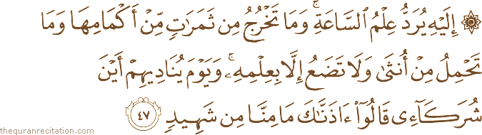 إِلَيْهِ يُرَدُّ عِلْمُ السَّاعَةِ ۚ وَمَا تَخْرُجُ مِنْ ثَمَرَاتٍ مِنْ أَكْمَامِهَا وَمَا تَحْمِلُ مِنْ أُنْثَىٰ وَلَا تَضَعُ إِلَّا بِعِلْمِهِ ۚ وَيَوْمَ يُنَادِيهِمْ أَيْنَ شُرَكَائِي قَالُوا آذَنَّاكَ مَا مِنَّا مِنْ شَهِيدٍ