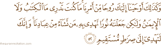 وَكَذَٰلِكَ أَوْحَيْنَا إِلَيْكَ رُوحًا مِنْ أَمْرِنَا ۚ مَا كُنْتَ تَدْرِي مَا الْكِتَابُ وَلَا الْإِيمَانُ وَلَٰكِنْ جَعَلْنَاهُ نُورًا نَهْدِي بِهِ مَنْ نَشَاءُ مِنْ عِبَادِنَا ۚ وَإِنَّكَ لَتَهْدِي إِلَىٰ صِرَاطٍ مُسْتَقِيمٍ
