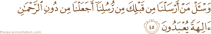 وَاسْأَلْ مَنْ أَرْسَلْنَا مِنْ قَبْلِكَ مِنْ رُسُلِنَا أَجَعَلْنَا مِنْ دُونِ الرَّحْمَٰنِ آلِهَةً يُعْبَدُونَ
