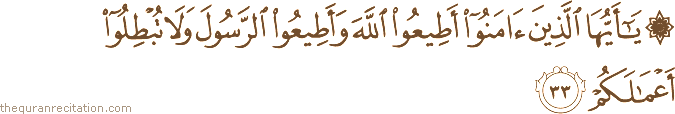 يَا أَيُّهَا الَّذِينَ آمَنُوا أَطِيعُوا اللَّهَ وَأَطِيعُوا الرَّسُولَ وَلَا تُبْطِلُوا أَعْمَالَكُمْ