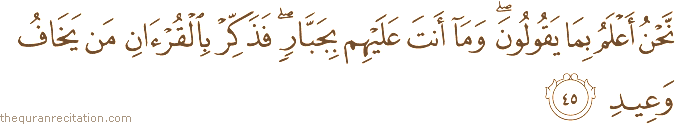 نَحْنُ أَعْلَمُ بِمَا يَقُولُونَ ۖ وَمَا أَنْتَ عَلَيْهِمْ بِجَبَّارٍ ۖ فَذَكِّرْ بِالْقُرْآنِ مَنْ يَخَافُ وَعِيدِ