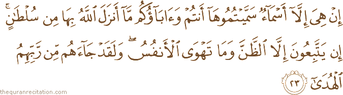 إِنْ هِيَ إِلَّا أَسْمَاءٌ سَمَّيْتُمُوهَا أَنْتُمْ وَآبَاؤُكُمْ مَا أَنْزَلَ اللَّهُ بِهَا مِنْ سُلْطَانٍ ۚ إِنْ يَتَّبِعُونَ إِلَّا الظَّنَّ وَمَا تَهْوَى الْأَنْفُسُ ۖ وَلَقَدْ جَاءَهُمْ مِنْ رَبِّهِمُ الْهُدَىٰ