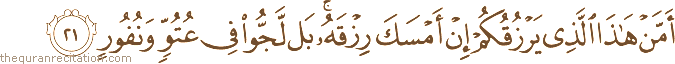 أَمَّنْ هَٰذَا الَّذِي يَرْزُقُكُمْ إِنْ أَمْسَكَ رِزْقَهُ ۚ بَلْ لَجُّوا فِي عُتُوٍّ وَنُفُورٍ