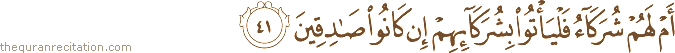 أَمْ لَهُمْ شُرَكَاءُ فَلْيَأْتُوا بِشُرَكَائِهِمْ إِنْ كَانُوا صَادِقِينَ