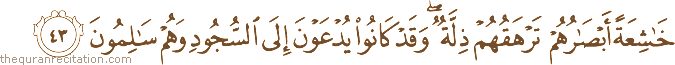 خَاشِعَةً أَبْصَارُهُمْ تَرْهَقُهُمْ ذِلَّةٌ ۖ وَقَدْ كَانُوا يُدْعَوْنَ إِلَى السُّجُودِ وَهُمْ سَالِمُونَ