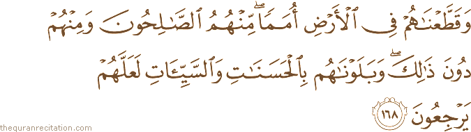 وَقَطَّعْنَاهُمْ فِي الْأَرْضِ أُمَمًا ۖ مِنْهُمُ الصَّالِحُونَ وَمِنْهُمْ دُونَ ذَٰلِكَ ۖ وَبَلَوْنَاهُمْ بِالْحَسَنَاتِ وَالسَّيِّئَاتِ لَعَلَّهُمْ يَرْجِعُونَ