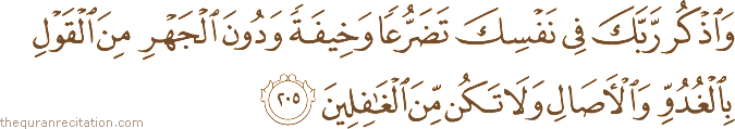 وَاذْكُرْ رَبَّكَ فِي نَفْسِكَ تَضَرُّعًا وَخِيفَةً وَدُونَ الْجَهْرِ مِنَ الْقَوْلِ بِالْغُدُوِّ وَالْآصَالِ وَلَا تَكُنْ مِنَ الْغَافِلِينَ