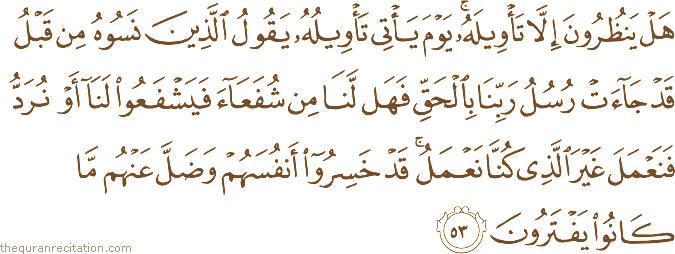 هَلْ يَنْظُرُونَ إِلَّا تَأْوِيلَهُ ۚ يَوْمَ يَأْتِي تَأْوِيلُهُ يَقُولُ الَّذِينَ نَسُوهُ مِنْ قَبْلُ قَدْ جَاءَتْ رُسُلُ رَبِّنَا بِالْحَقِّ فَهَلْ لَنَا مِنْ شُفَعَاءَ فَيَشْفَعُوا لَنَا أَوْ نُرَدُّ فَنَعْمَلَ غَيْرَ الَّذِي كُنَّا نَعْمَلُ ۚ قَدْ خَسِرُوا أَنْفُسَهُمْ وَضَلَّ عَنْهُمْ مَا كَانُوا يَفْتَرُونَ