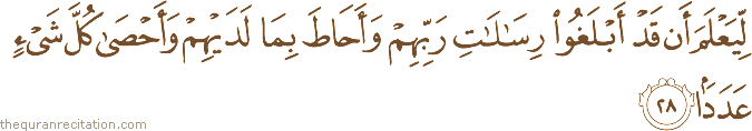 لِيَعْلَمَ أَنْ قَدْ أَبْلَغُوا رِسَالَاتِ رَبِّهِمْ وَأَحَاطَ بِمَا لَدَيْهِمْ وَأَحْصَىٰ كُلَّ شَيْءٍ عَدَدًا