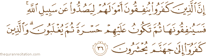 إِنَّ الَّذِينَ كَفَرُوا يُنْفِقُونَ أَمْوَالَهُمْ لِيَصُدُّوا عَنْ سَبِيلِ اللَّهِ ۚ فَسَيُنْفِقُونَهَا ثُمَّ تَكُونُ عَلَيْهِمْ حَسْرَةً ثُمَّ يُغْلَبُونَ ۗ وَالَّذِينَ كَفَرُوا إِلَىٰ جَهَنَّمَ يُحْشَرُونَ