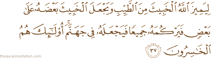 لِيَمِيزَ اللَّهُ الْخَبِيثَ مِنَ الطَّيِّبِ وَيَجْعَلَ الْخَبِيثَ بَعْضَهُ عَلَىٰ بَعْضٍ فَيَرْكُمَهُ جَمِيعًا فَيَجْعَلَهُ فِي جَهَنَّمَ ۚ أُولَٰئِكَ هُمُ الْخَاسِرُونَ
