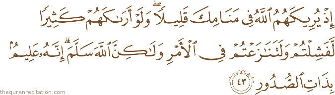إِذْ يُرِيكَهُمُ اللَّهُ فِي مَنَامِكَ قَلِيلًا ۖ وَلَوْ أَرَاكَهُمْ كَثِيرًا لَفَشِلْتُمْ وَلَتَنَازَعْتُمْ فِي الْأَمْرِ وَلَٰكِنَّ اللَّهَ سَلَّمَ ۗ إِنَّهُ عَلِيمٌ بِذَاتِ الصُّدُورِ