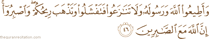 وَأَطِيعُوا اللَّهَ وَرَسُولَهُ وَلَا تَنَازَعُوا فَتَفْشَلُوا وَتَذْهَبَ رِيحُكُمْ ۖ وَاصْبِرُوا ۚ إِنَّ اللَّهَ مَعَ الصَّابِرِينَ