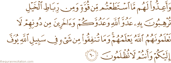 وَأَعِدُّوا لَهُمْ مَا اسْتَطَعْتُمْ مِنْ قُوَّةٍ وَمِنْ رِبَاطِ الْخَيْلِ تُرْهِبُونَ بِهِ عَدُوَّ اللَّهِ وَعَدُوَّكُمْ وَآخَرِينَ مِنْ دُونِهِمْ لَا تَعْلَمُونَهُمُ اللَّهُ يَعْلَمُهُمْ ۚ وَمَا تُنْفِقُوا مِنْ شَيْءٍ فِي سَبِيلِ اللَّهِ يُوَفَّ إِلَيْكُمْ وَأَنْتُمْ لَا تُظْلَمُونَ