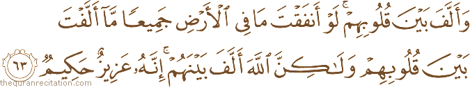 وَأَلَّفَ بَيْنَ قُلُوبِهِمْ ۚ لَوْ أَنْفَقْتَ مَا فِي الْأَرْضِ جَمِيعًا مَا أَلَّفْتَ بَيْنَ قُلُوبِهِمْ وَلَٰكِنَّ اللَّهَ أَلَّفَ بَيْنَهُمْ ۚ إِنَّهُ عَزِيزٌ حَكِيمٌ
