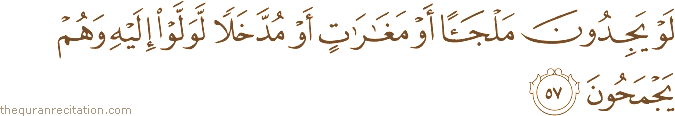 لَوْ يَجِدُونَ مَلْجَأً أَوْ مَغَارَاتٍ أَوْ مُدَّخَلًا لَوَلَّوْا إِلَيْهِ وَهُمْ يَجْمَحُونَ
