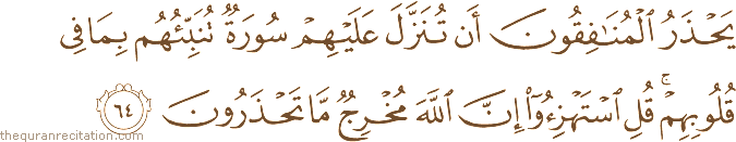 يَحْذَرُ الْمُنَافِقُونَ أَنْ تُنَزَّلَ عَلَيْهِمْ سُورَةٌ تُنَبِّئُهُمْ بِمَا فِي قُلُوبِهِمْ ۚ قُلِ اسْتَهْزِئُوا إِنَّ اللَّهَ مُخْرِجٌ مَا تَحْذَرُونَ